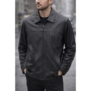 Marc New York Mens Soft Leather Jacket Full Zip Collared Black Size Large